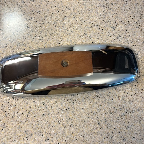 Vtg. MCM Danish style Milbern Celery Olive Dish Chromium Wood Base 14"x5" NIB - Picture 2 of 5